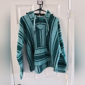 Striped Teal Hooded Southwestern Style Sweater